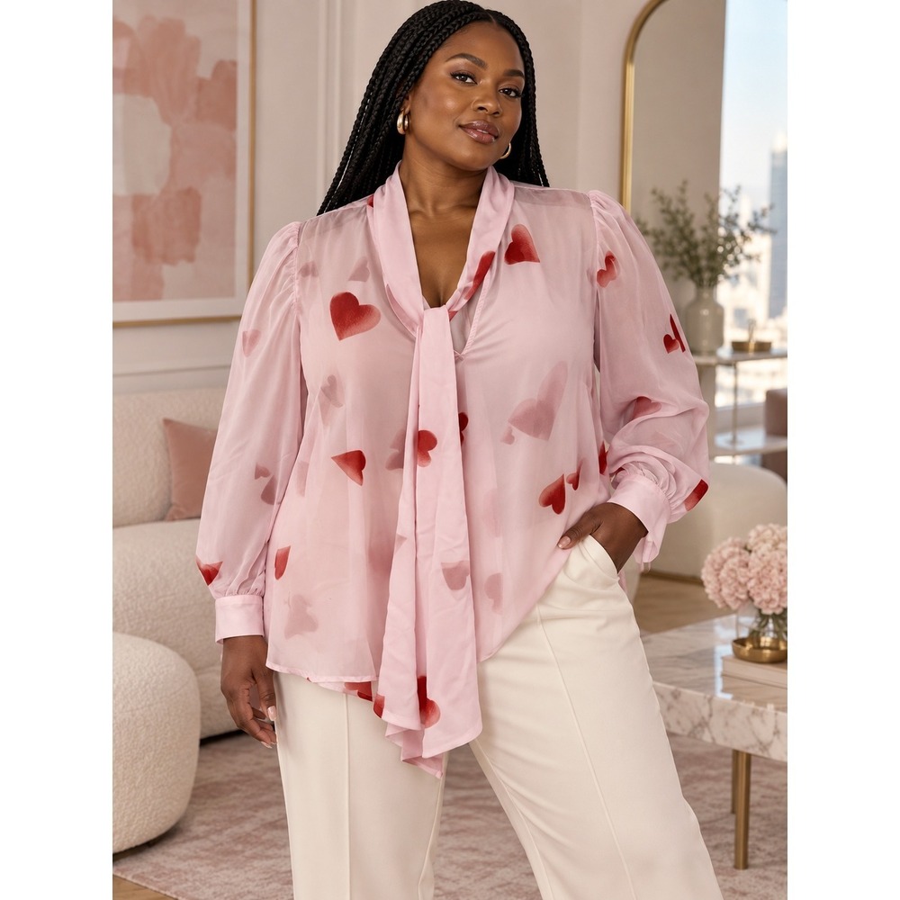 Eloquii Pink Heart Print Tie Neck Chiffon Blouse Size 16 Long Sleeve Top